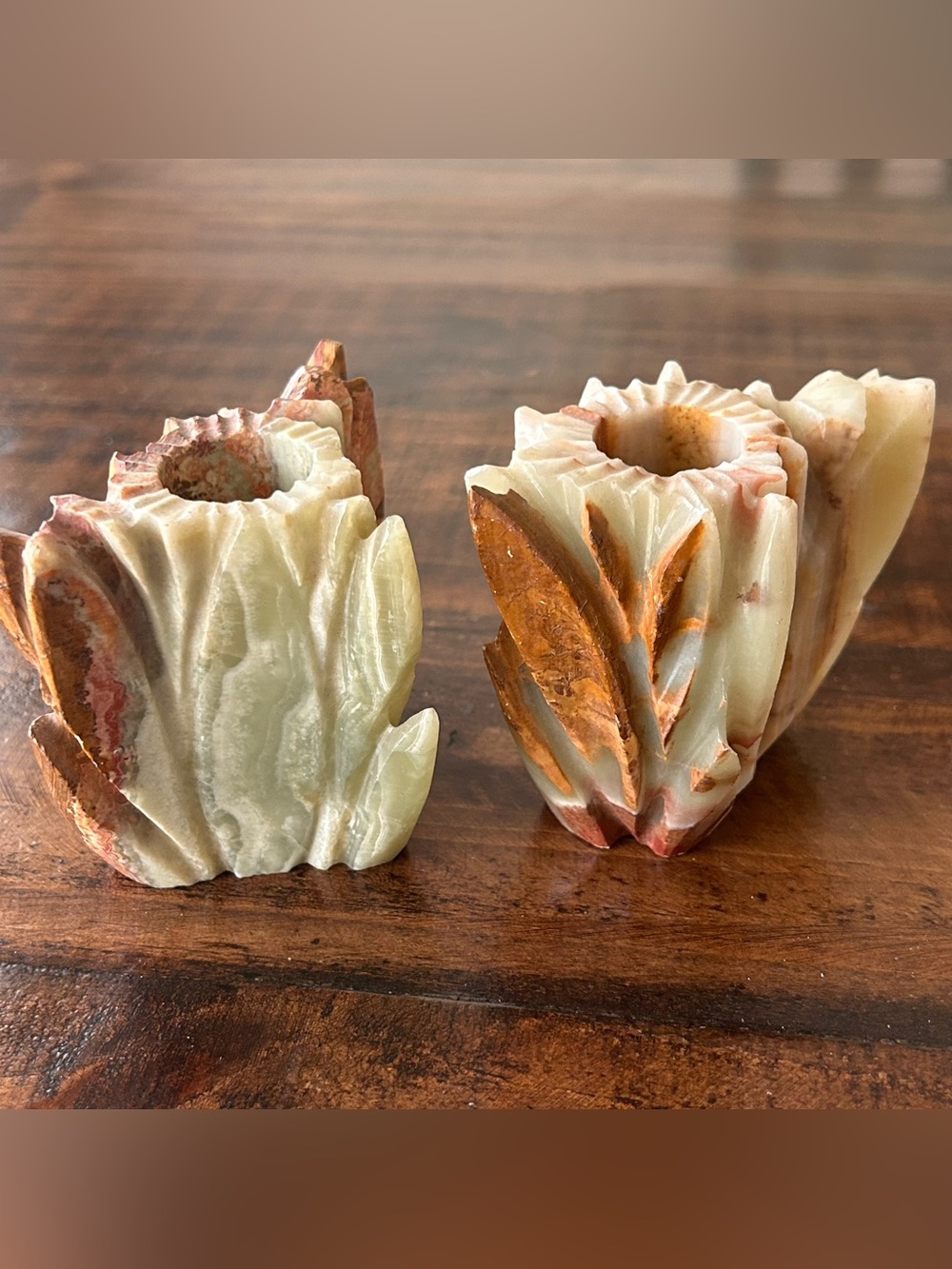 2 Hand-Carved Natural Green Onyx Stone Tulip & Leaf Candle Holders Candle Sticks